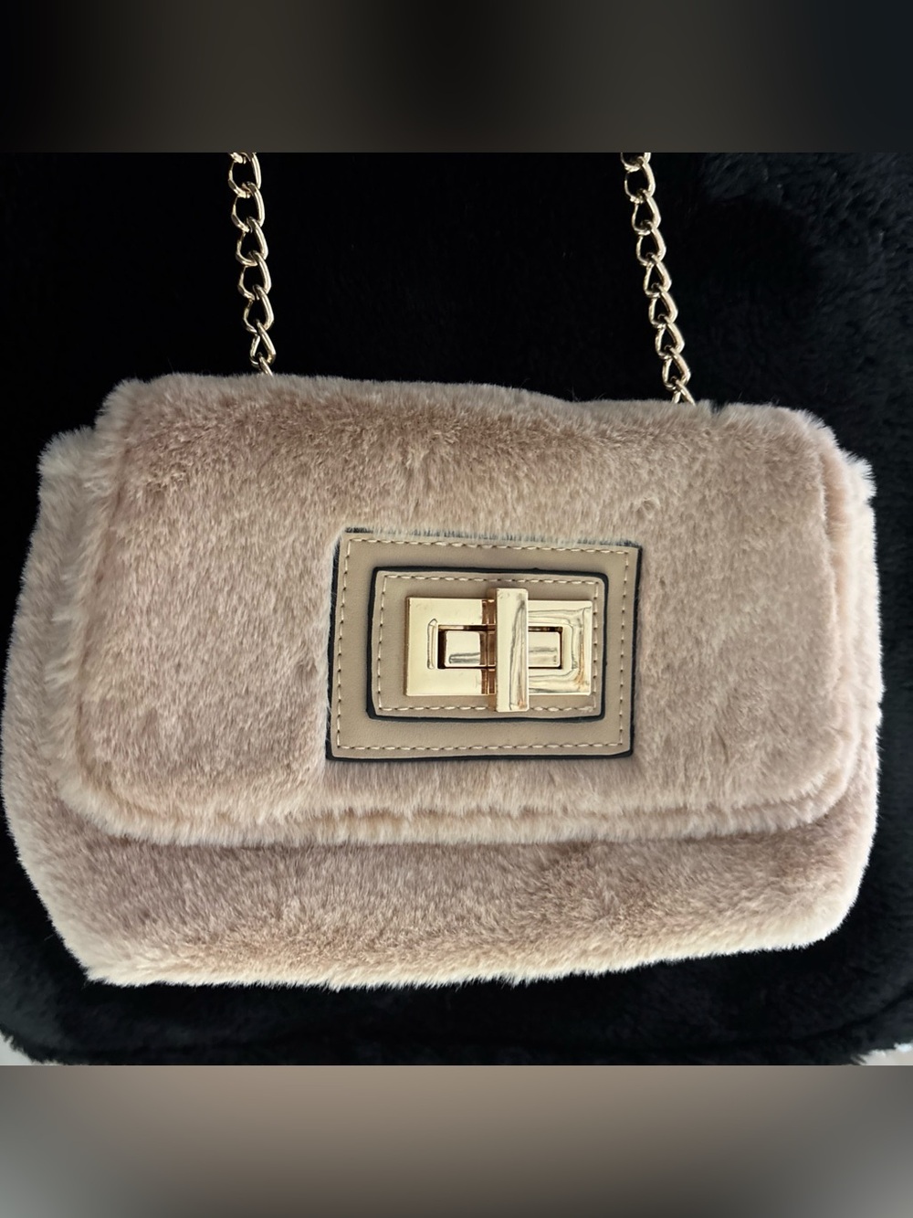 Faux Fur 24” Chain Shoulder Bag in Beige